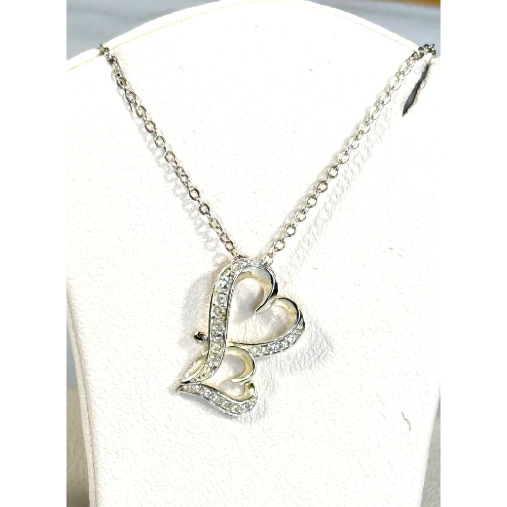 Silver Tone Double Heart Sister Necklace Rhinestone Engraved Love So Strongly